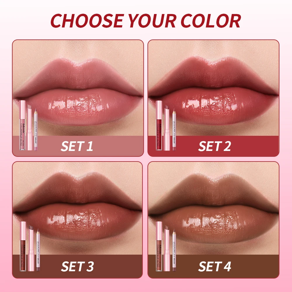 3pcs Lip Makeup Set Lip Liner Lip Gloss Lipstick Mirror Effect Beep Lips High Color Long-lasting Hydrates Travel Mini Set - 6
