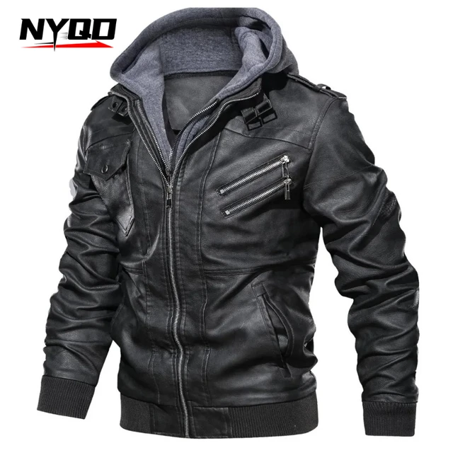 hood Leather Jacket Streetwear Biker Coat Slim Fit Autumn Winter Coat Men Fur Lined Men Motorcycle Jacket Fashion Men Jacket