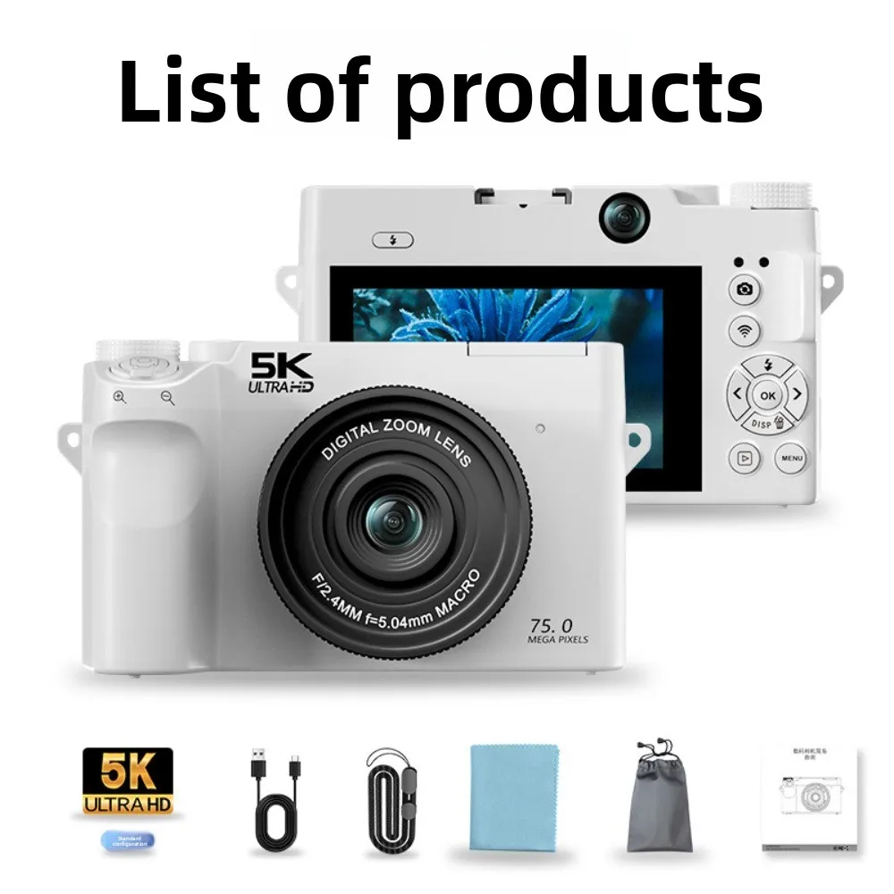 5K 디지털 카메라, 75MP 포인트 앤 슛 디지털 카메라 64GB, 듀얼 렌즈 18배 줌 오토포커스, WiFi 브이로그 카메라