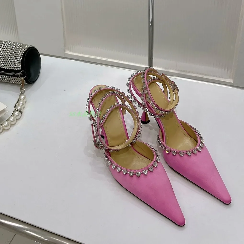 

rhinestone MACH Pink Audrey Crystal Heart Heels Silk satin heels Pointed toe wraparound ankle strap Covered stiletto heels shoes
