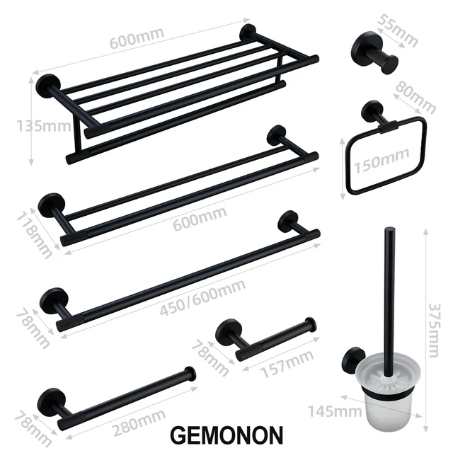 ชุดอุปกรณ์ห้องน้ำสีดำ ทำจากทองเหลือง ลายขรุขระ ประกอบด้วยที่ใส่กระดาษชำระ ราวแขวนผ้าเช็ดตัว ชั้นวางของ ที่แขวนผ้าเช็ดตัวเดี่ยว ที่ใส่แปรงขัดห้องน้ำ และตะขอ 1