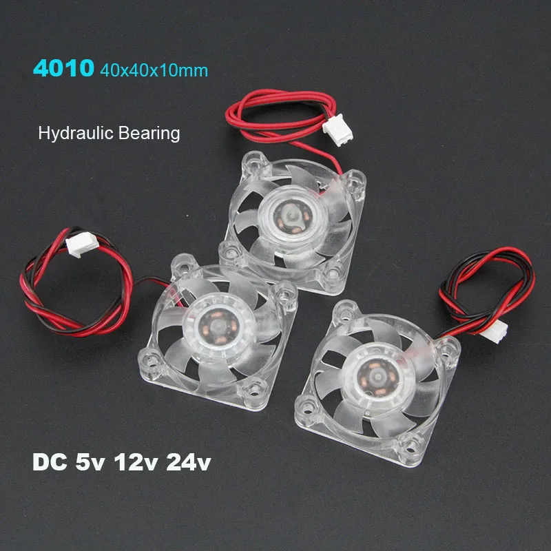 4010 유압 베어링 2 핀 DC 5V 12V 24V 냉각 선풍기, 투명 청색 LED 발광 A7, 40x40x10mm