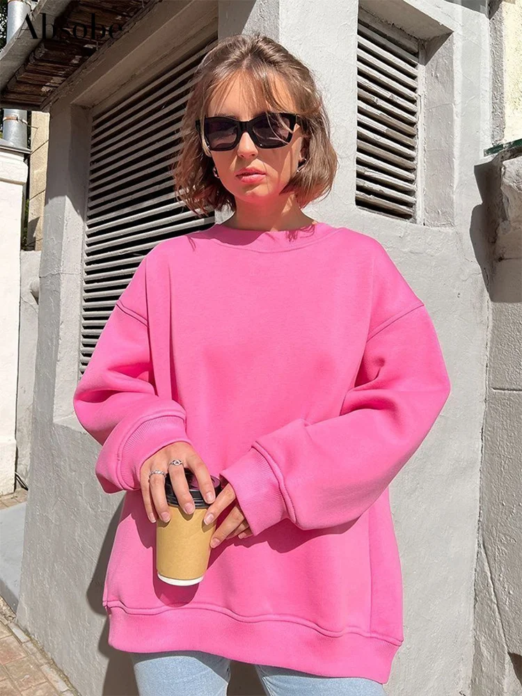 

Absobe Solid Color Loose Sweatshirt Women Crew Neck Long Sleeve Oversize Thick Fleece Pullover Sweatshirt Autumn 2023 Streetwear