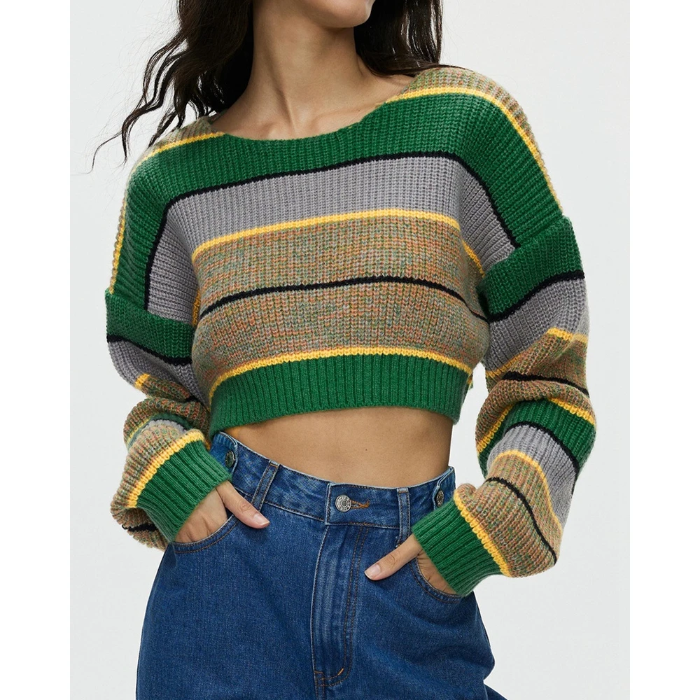

Winter Women All Over Striped Crop Jumper Sweater Fashion O Neck Long Sleeve Knitted Top Autumn Casual Outwear for Women