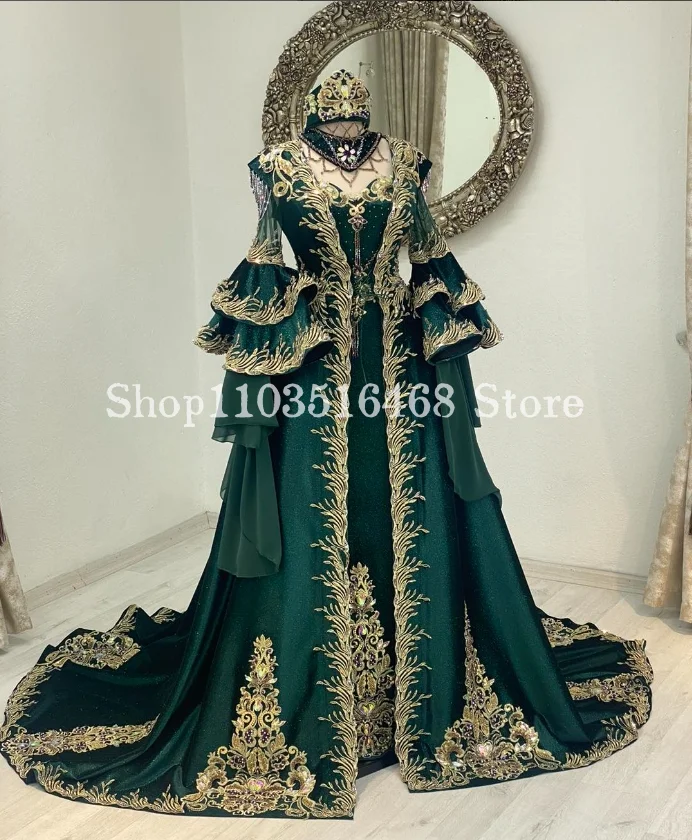 Maroca-ime-Robes de soirée A-ligne à manches longues du Moyen-Orient, Broderie d'appliques de luxe avec patte, Vert émeraude, Personnalisé