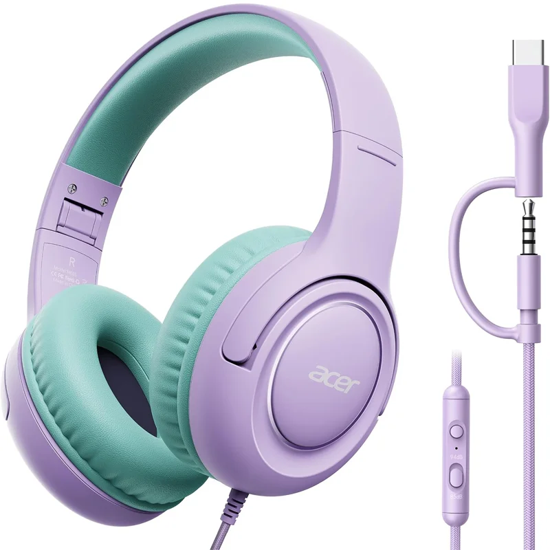 Acer Kids Foldable Wired Headphones with Volume Limiting and Stereo Sound