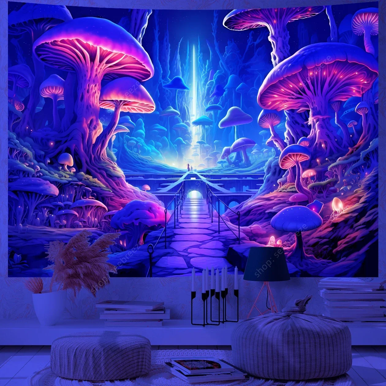 Tapestry Decor Fantasy Mushroom UV Reactive Floral Wall Hanging