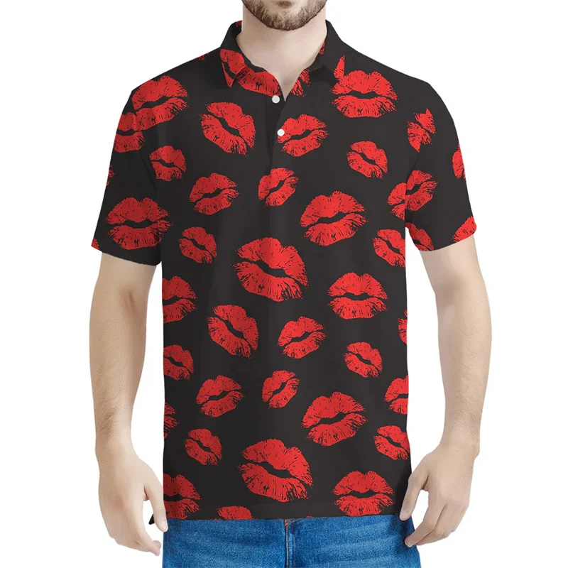 

Funky Red Lips Graphic Polo Shirt For Men 3D Printed Short Sleeves Women Tops Summer Streetwear Tees Loose Lapel T-Shirts