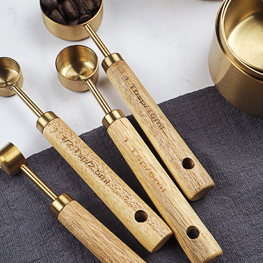 Wood and Steel Measuring Spoons Set Matte Silver Finish With Wooden Inlay  Handles 1 Table Spoon to 1/4 Tea Spoon Handmade Gift Boxed 