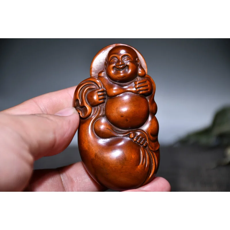 

3.1" Collect China Box-wood Carving Buddhism Maitreya Buddha Wallet Moneybag Statue Craft Gift Decoration Home Decore