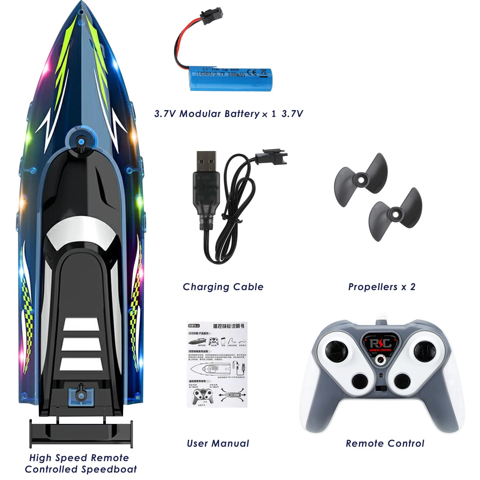 Bateau RC rapide 2.4GHz avec 2 batteries - Jouet étanche