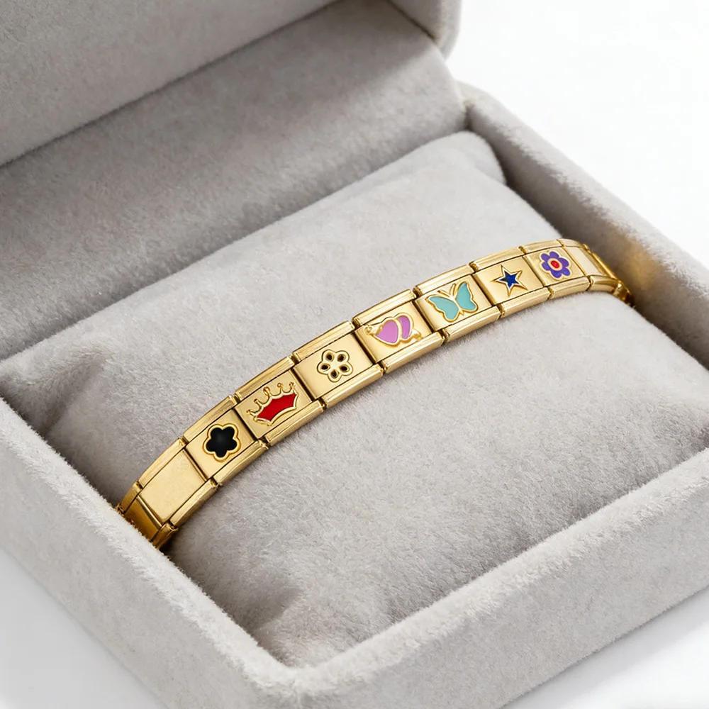 GEMOSA Neue Trendige Goldfarbene Blumen-, Schmetterlings-, Stern- und Kronen-Italienische Gliederkette für 9mm Charm-Schmuck DIY-Herstellung Edelstahl-Armbänder – Detail 2