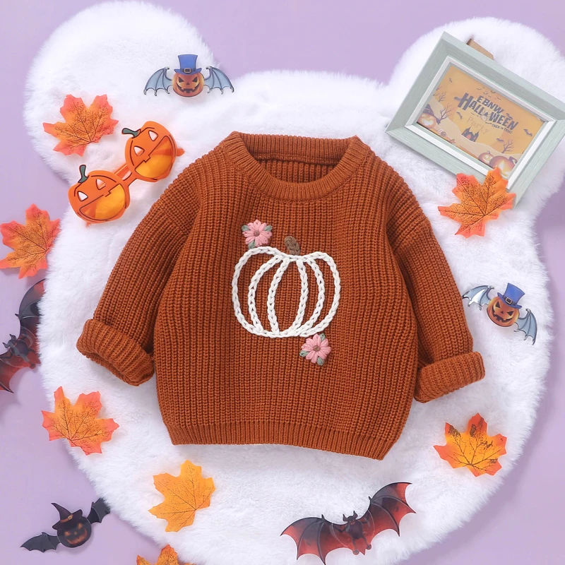 Baby Girls Knitting Sweaters Casual Children Jumpers Long Sleeve Pumpkin Flower Crochet Pullover Toddler Winter Tops