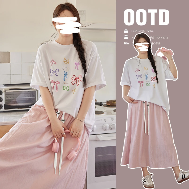 Korean Style Maternity Summer Clothes Set Fashion Print Cotton T-shirt Long Loose Flared Skirt Twinset Pregnant Woman Skirt Sets