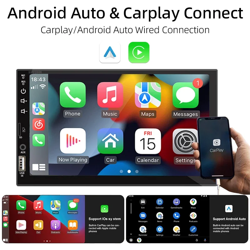 Carplay 자동차 라디오 1 Din 안드로이드 자동 멀티미디어 플레이어 HD 7'' 터치 스크린 FM AUX 입력 블루투스 MirrorLink Universal Autoradio