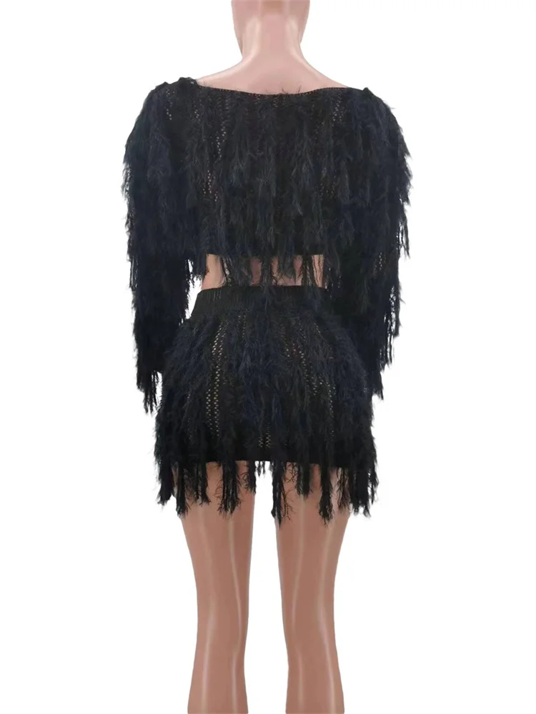 Wmstar Women Two Piece Dress Sets Long Sleeve Top and Tassel Skirts Elegant New Style Matching Outfits Wholesale Dropshipping