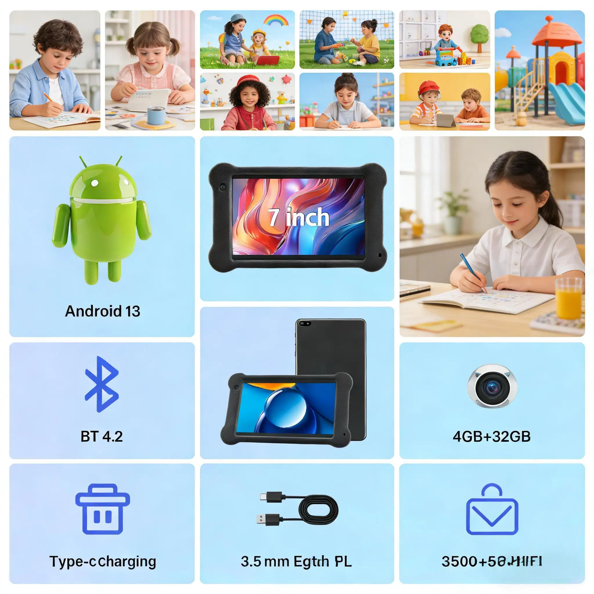 7인치 어린이용 태블릿 안드로이드 13 4GB+32GB 쿼드 코어 1024*600 IPS 2.4G+5G WiFi 낙하 방지 EVA 케이스 교육용 태블릿