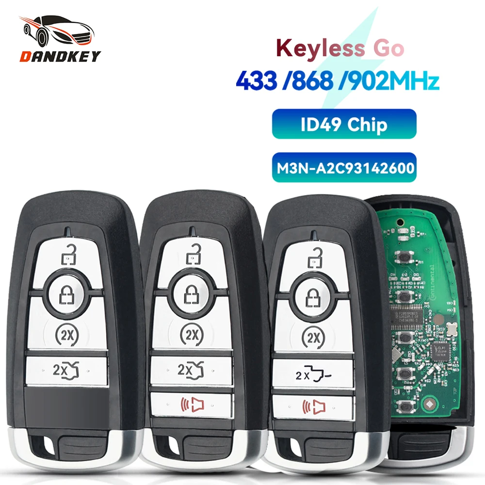 

Dandkey For Ford Edge Fusion Expedition Explorer Mustang Keyless Go Fob Remote Car Key ID49 Chip M3N-A2C93142600 434/868/902MHz