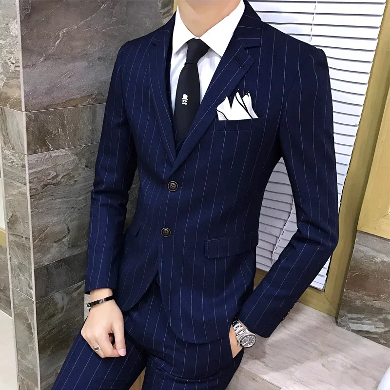 Black Men Classic Striped/Checked Suits, Business Office 3 Piece, Asian Size Slim Fit Men's Dress Jacket & Pants with Vest