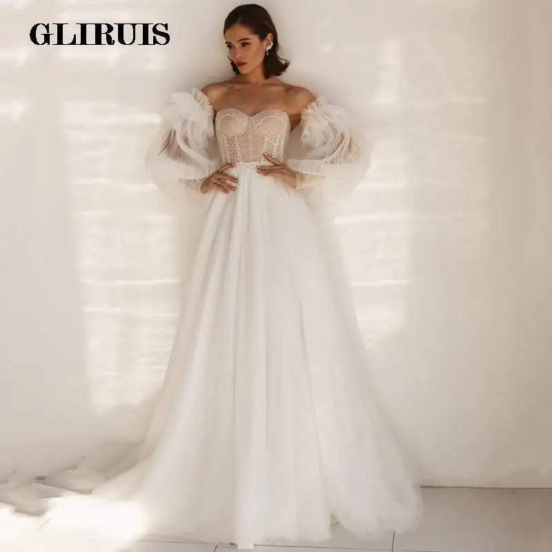

New Arrival Sweetheart Wedding Dress A-Line Beads Detachable Puff Sleeves Tulle Boho Bridal Gown 2021 Vestido De Noiva