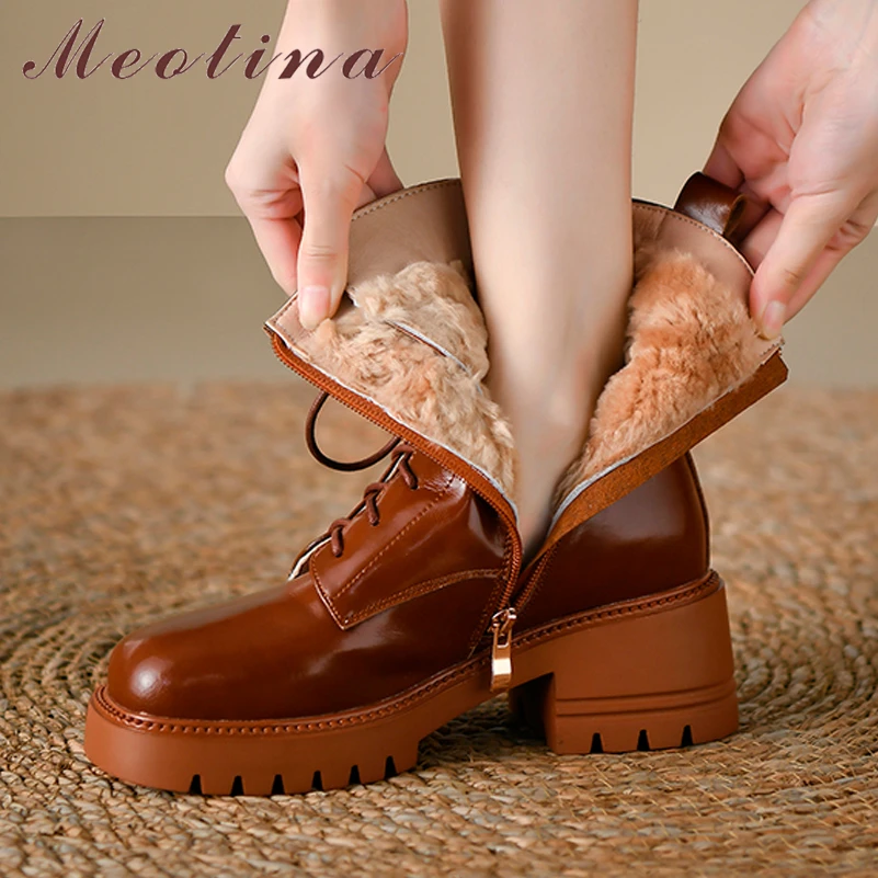 Meotina-Women-Genuine-Leather-Ankle-Fur-Wool-Boots-Round-Toe-Thick-High ...