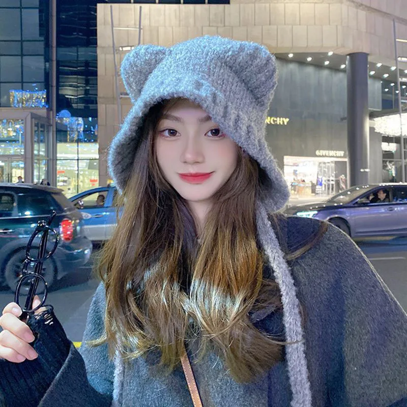 

Cute Ear Strap Laurie Beanies Hat Women Winter Warm Soft Glutinous Circle Yarn Knitted Woolen Hat Student Versatile Hat