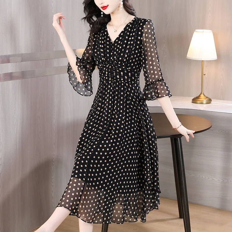 

2023 New Fashion Silk Printed Dress Women's Summer Elegant Versatile V-Neck Loose Fit Casual Holiday Dress Vestidos
