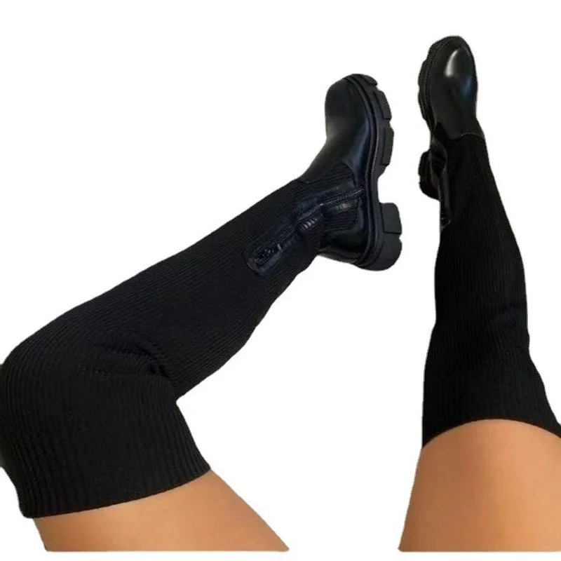 Europe Womens Knee High Boots Lady Thick Heel Thin 2022 Winter New Plus Velvet Stretch Boots Plus Size 43 High Heel Boots