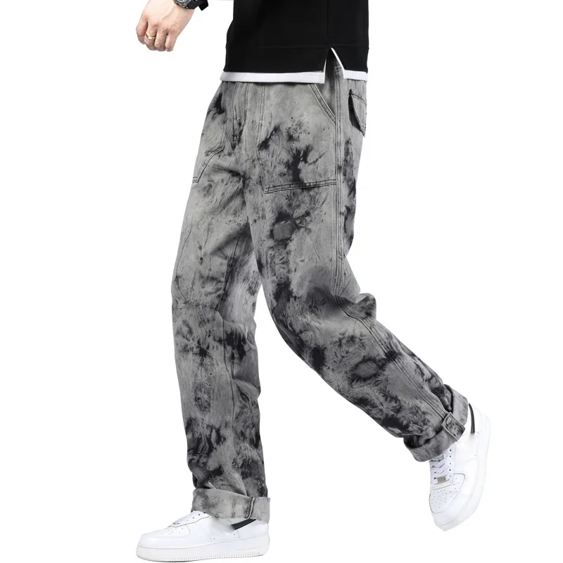 

2022 Tie Dye Baggy Jeans Wide Bottom Jeans Men Hip Hop Jeans Long Skateboard Loose Fit Jeans Mens Harem Pants Black
