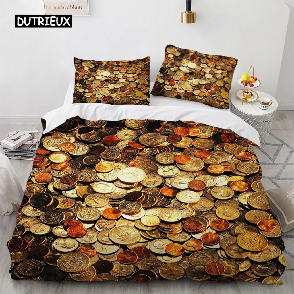 

Money Duvet Cover Set Golden Coins Print Bedding Set Soft Comfortable Double Queen King Size Comforter Cover For Teens Adults