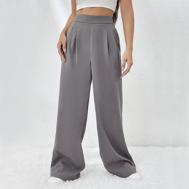 2024 New Women's Elastic Waist Pocket Straight Leg Wide Leg Pants Loose Casual Style Long Pants Korean  Streetwear Women YSQ29