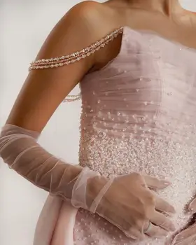 Luxury Dubai Beaded Pink Evening Dress with Overskirt Gloves Elegant Women Arabic Wedding Formal Party Gown 429 2