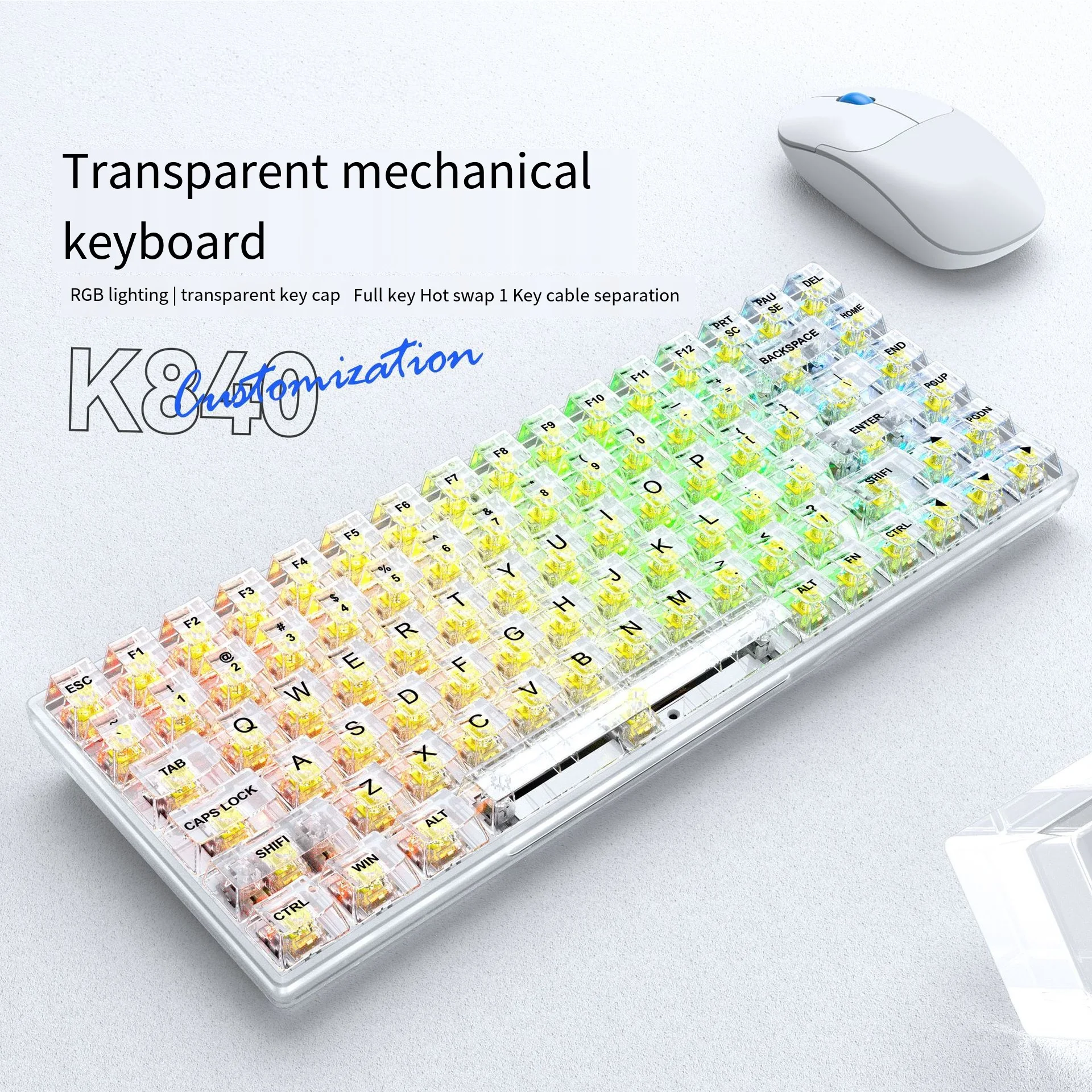 K840 прозрачная механическая клавиатура с полными клавишами Hot Swap Rgb, светящаяся игровая Механическая Проводная клавиатура для киберспорта