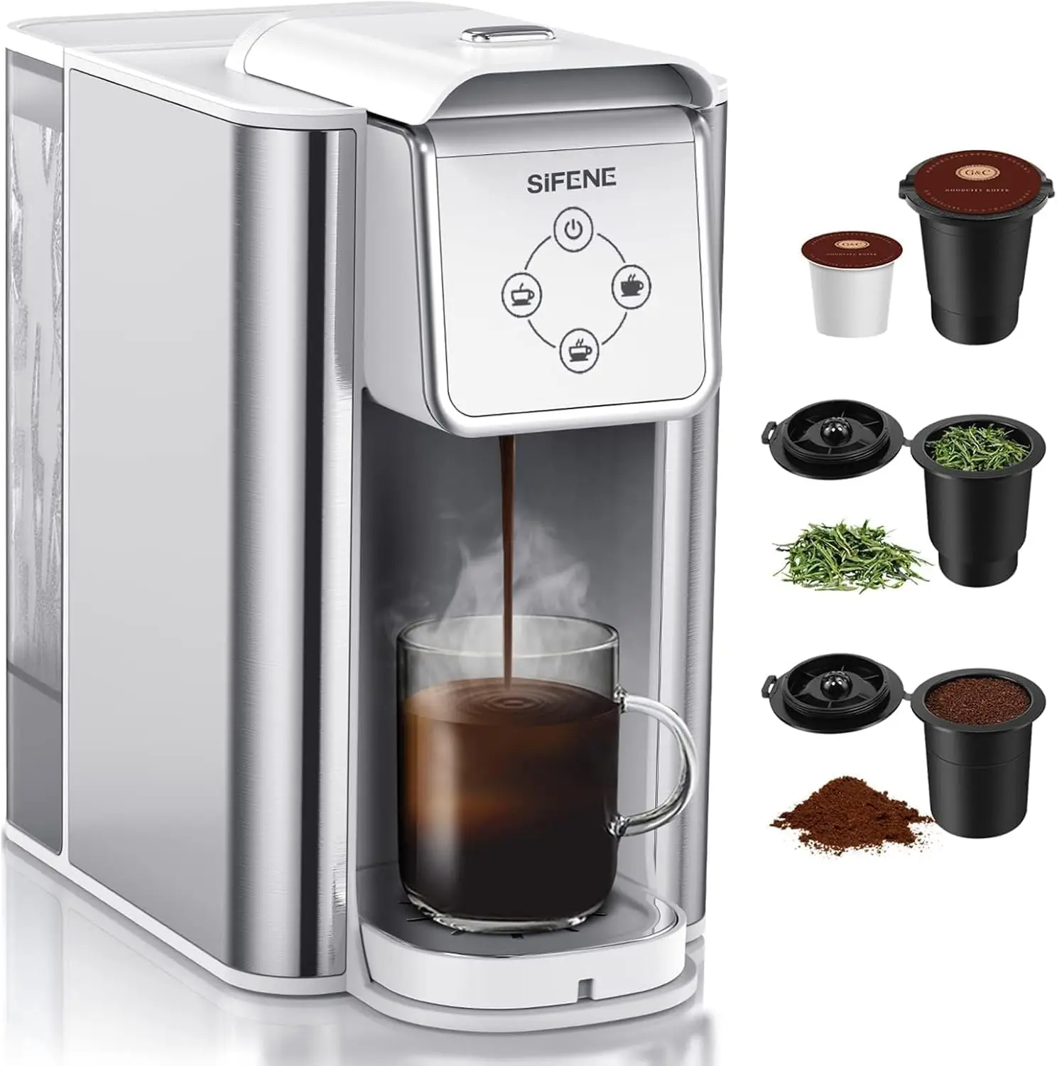 SIFENE Single Serve Coffee Machine, 3 in 1 Pod Coffee Maker For K-Pod Capsule, Ground Coffee Brewer, Leaf Tea Maker, White