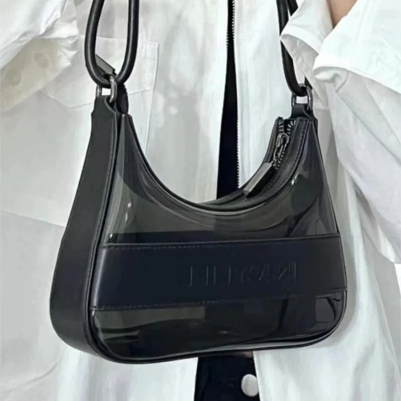 Black Transparent Glossy Panel Underarm Bag Women Fashion Design Minimalist Letter Shoulder Bag Ladies Personality Crossbody Bag