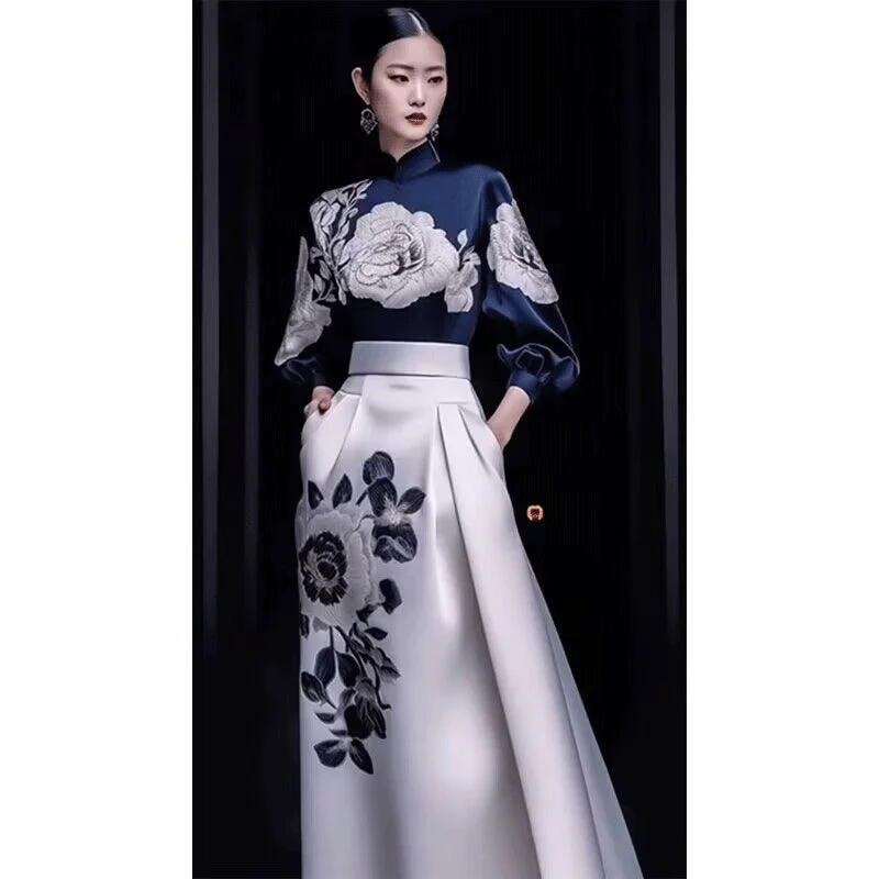 

New Chinese Style Improved Cheongsam Elegant Qipao Slim High End Printed Top Half Skirt In Autumn Printed Two-piece Chirpaur