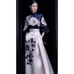 New Chinese Style Improved Cheongsam Elegant Qipao Slim High End Printed Top Half Skirt In Autumn Printed Two-piece Chirpaur