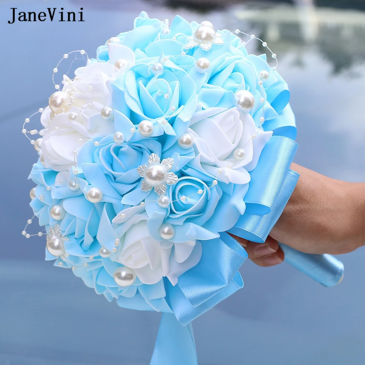 JaneVini Cheap Sky Blue Wedding Flowers Bridal Bouquets with Pearls Artificial Foam Roses Fake Wedding Bouquet Party Accessories