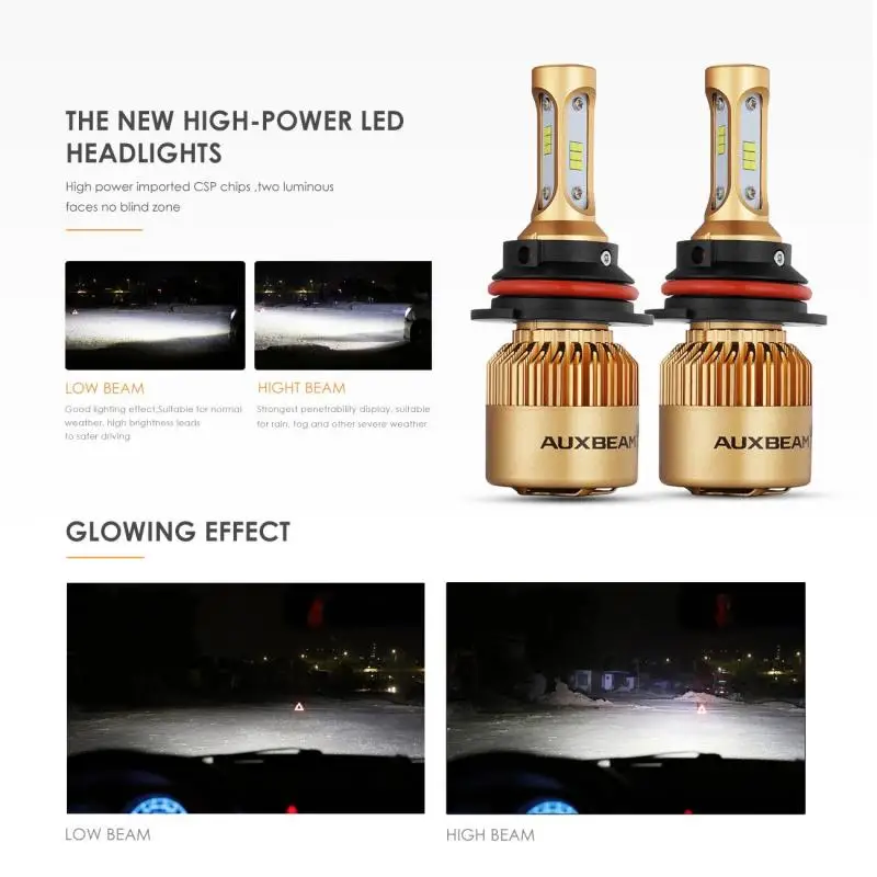 AUXBEAM H7 72W 8000LM LED Headlight Kit High Low Fog Bulbs CREE 6000K High Power