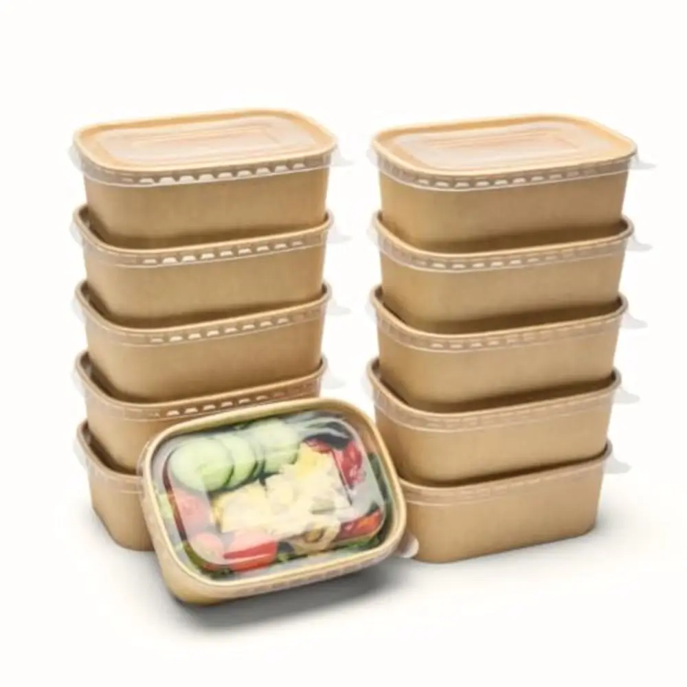 10pcs/set Disposable Lunch Box Kraft Paper Square Lunch Box Fast Food Packing Boxes Paper Bowls With Lid Household Bento Boxes