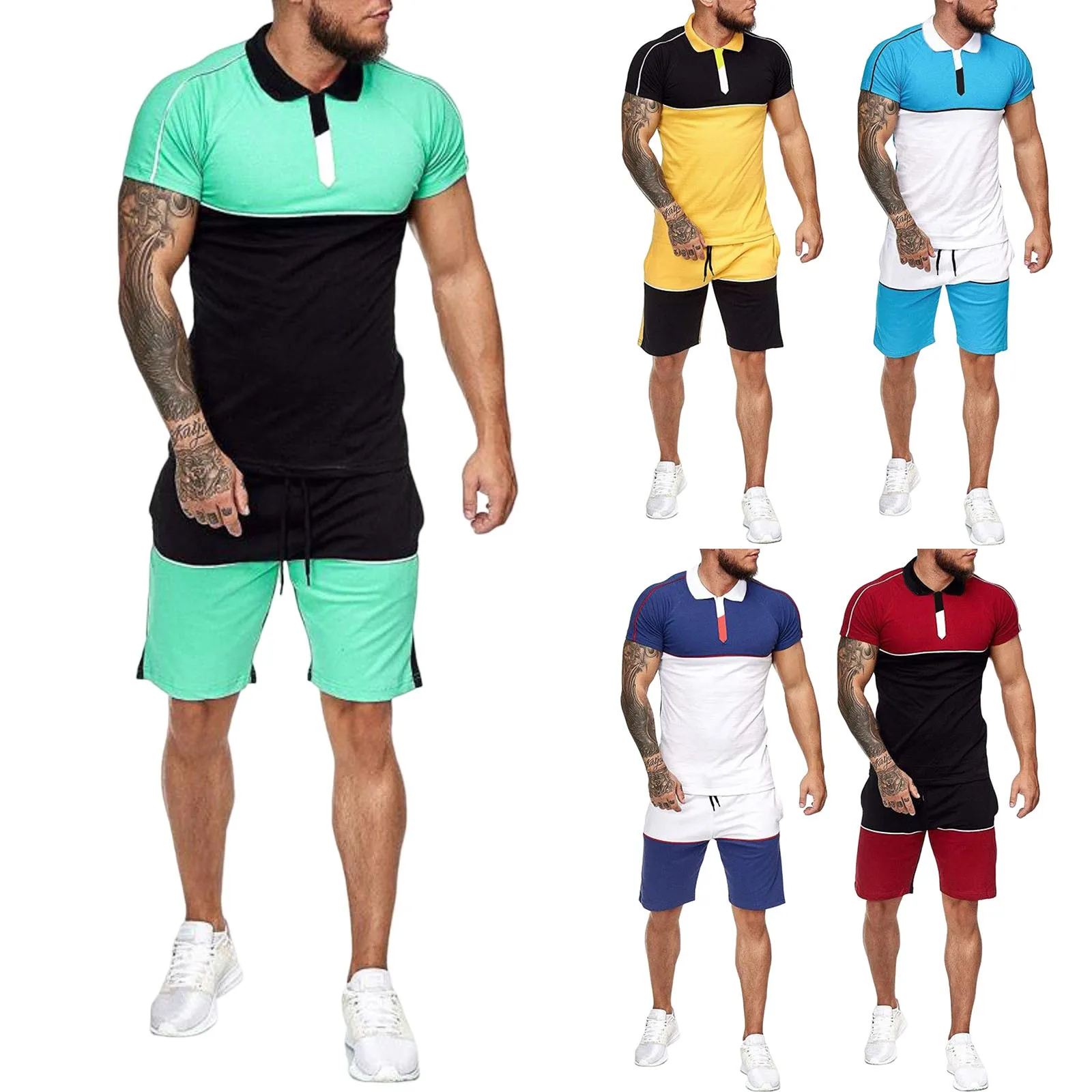 

Костюм мужской летний из двух предметов, Приталенная футболка с коротким рукавом, повседневный спортивный костюм из вискозы