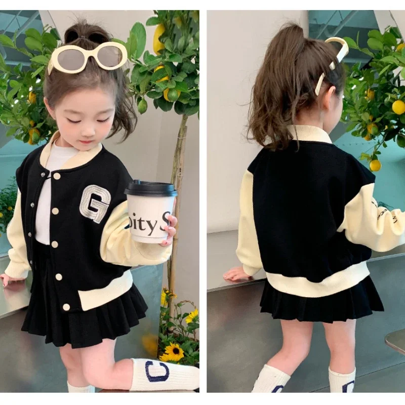 여아 야구 유니폼 세트, 어린이 레터 자수 가디건 재킷, 상의 및 플리츠 스커트, 세트 JK 의류, 가을 겨울