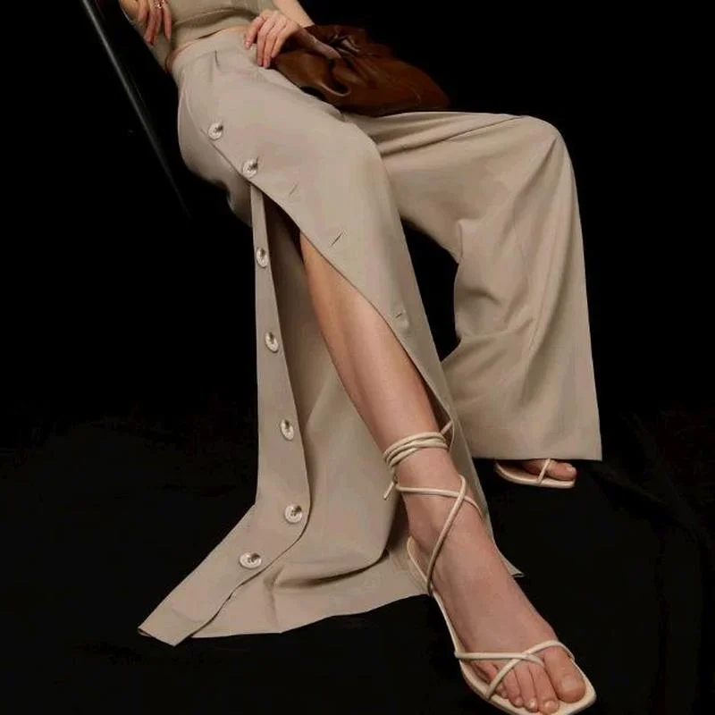 Casual High-waisted Wide-leg Pants 2024 Spring and Autumn Khaki Oversized Trousers Women's Chic Trousers Clothes Ladies Button