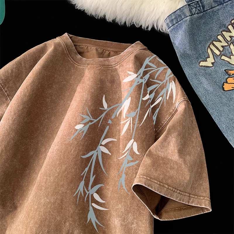 Bamboo Leaf Acid Washed Oversized Summer Streetwear Tee Bamboo Leaf Acid Washed Oversized Summer Streetwear Tee