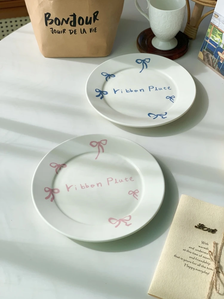8 Inch Simple Bow Pattern Ceramic Plate Korean Family Breakfast Dessert Cake Dim Sum Flat Plate Fruit Steak Western Dinner