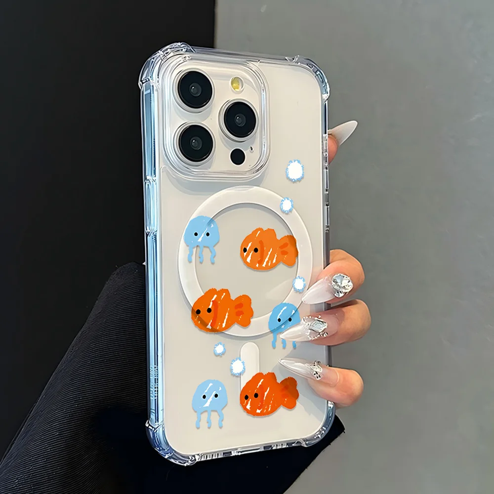 Magnetic Korean Cute Fish Graffiti Clear Anti-Fall Phone Case