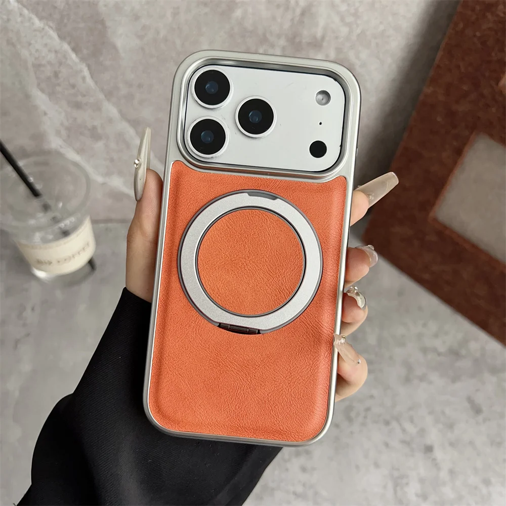 Elegant Rotating Magnetic Leather Phone Stand Case with Air Plating Hybrid Protector Cover