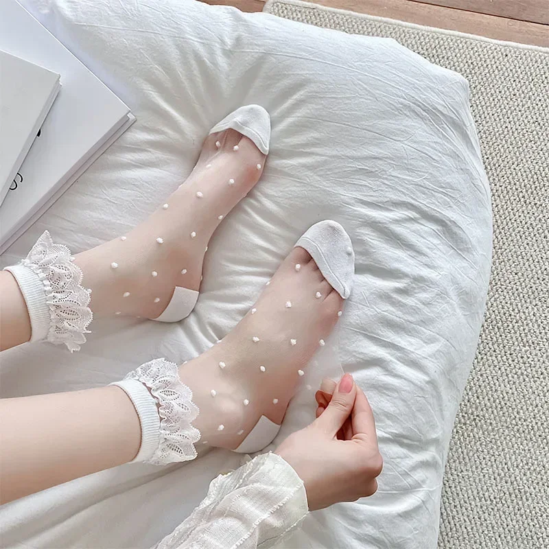 폴카 도트 하트 레이스 프릴 실크 양말, 초박형 투명 양말, 여성용 크리스탈 탄성 긴 양말, 달콤한 소녀 로리타, 여름