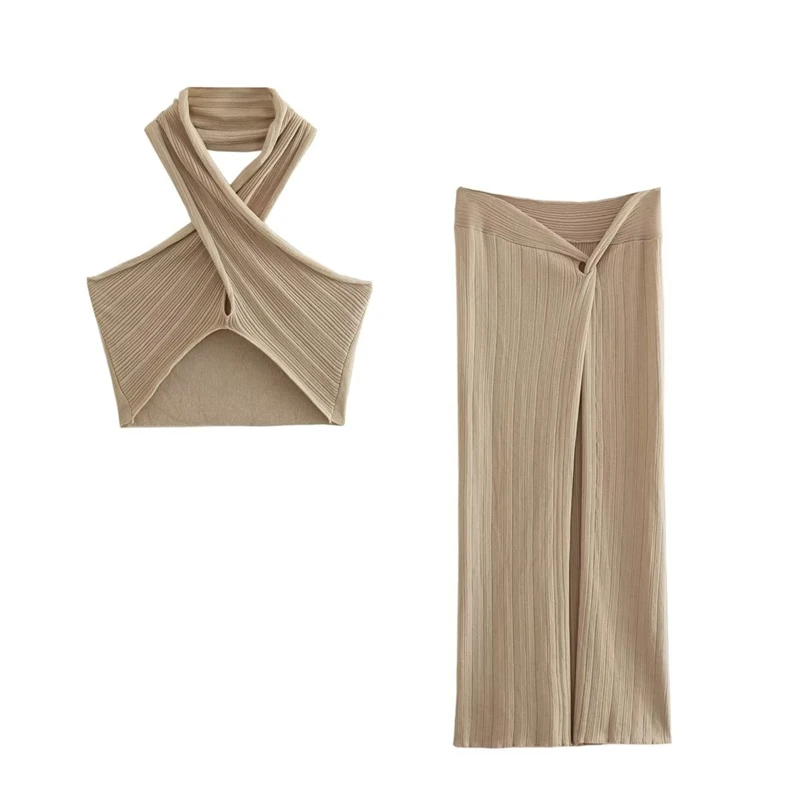 

2023 Women's Summer New Crossover Halter Neck Sexy Backless Knit Top High Waist Slim Slit Slit Knit Skirt Fashion Suit