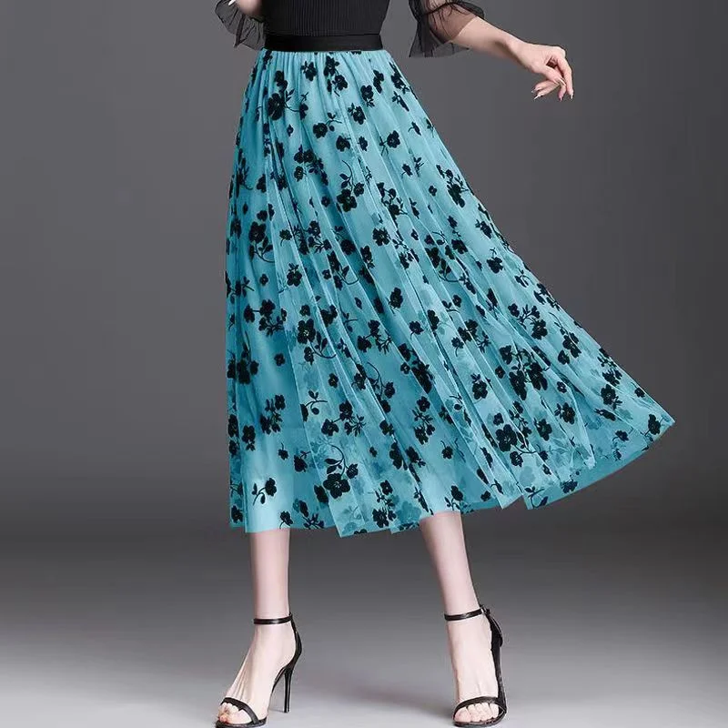 Casual Elegant All-Match Women's Skirt Summer Trend Office Lady's A-Line Skirt High Elastic Waist Sweet Mesh Dot Pleated Skirt